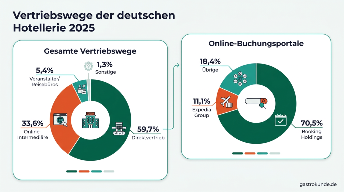 Zwei Kreisdiagramme veranschaulichen die Marktanteile der Vertriebswege von deutschen Hotels und die Dominanz von Booking.com bei den Buchungsportalen.