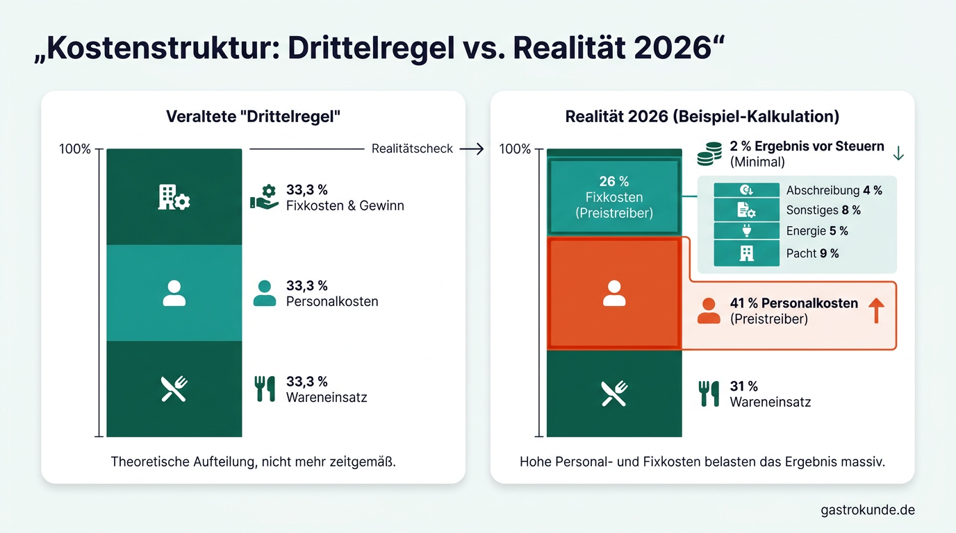 Vergleichsdiagramm, das die klassische Drittelregel den realen Gastro-Kostenanteilen von 2026 mit stark gestiegenen Personalkosten und geschrumpftem Gewinn gegenüberstellt.