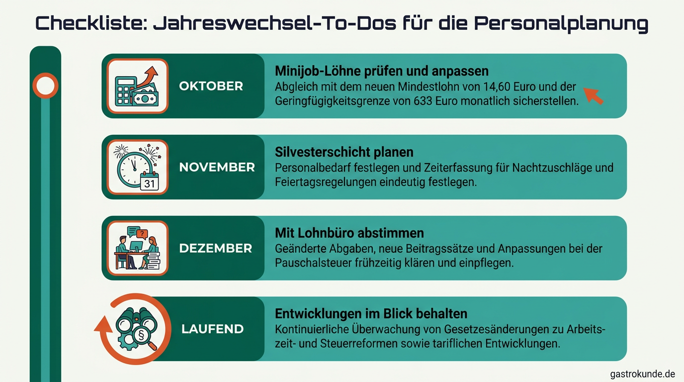 Eine Zeitleiste mit Checkliste zeigt die wichtigsten Aufgaben für Gastronomen von Oktober bis Dezember, um Dienstpläne und Verträge auf 2027 vorzubereiten.