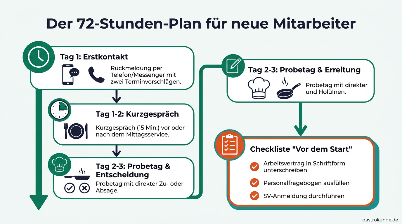Eine Zeitleiste veranschaulicht in drei Tagen den idealen Bewerbungsablauf von der ersten Kontaktaufnahme bis zum Probetag und der Vertragsunterzeichnung.