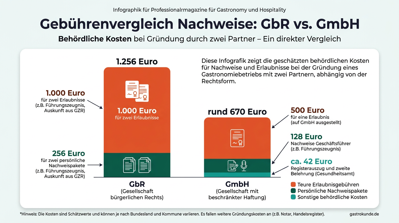 Das Balkendiagramm veranschaulicht, dass die Nachweisgebühren bei einer GbR mit 1.256 Euro deutlich teurer ausfallen als bei einer GmbH mit rund 670 Euro.