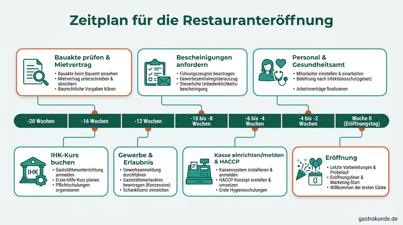 Ein rückwärts rechnender Zeitstrahl visualisiert die wichtigsten organisatorischen Schritte von 20 Wochen vor der Eröffnung bis zum Startschuss.