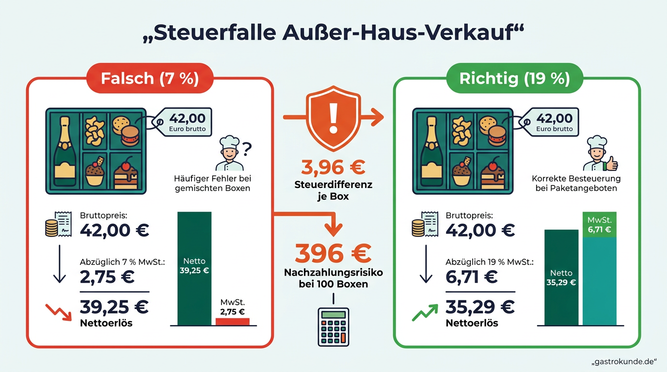Eine Gegenüberstellung illustriert das finanzielle Risiko von fast 400 Euro Nachzahlung bei 100 verkauften Austern-Boxen, wenn diese versehentlich mit 7 statt 19 Prozent Mehrwertsteuer abgerechnet werden.